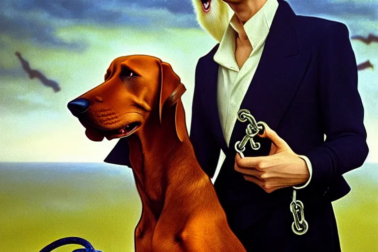 Prompt: realistic detailed closeup portrait movie shot of an elegant blond male vampire with a doberman on a leash, sci fi landscape background by denis villeneuve, amano, yves tanguy, alphonse mucha, max ernst, edward robert hughes, roger dean, rich moody colours, dog teeth, blue eyes