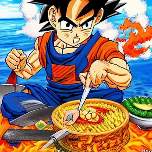 Prompt: son goku cooking a paella on the beach by akira toriyama