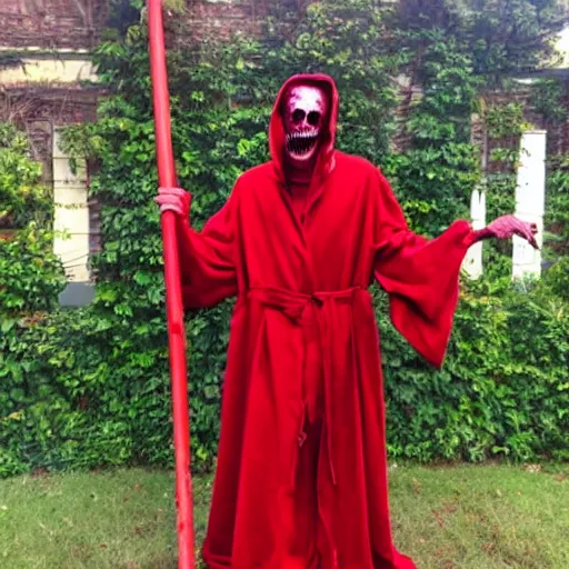 Image similar to an image of a 7 foot tall zombie lord in red robes holding a scythe