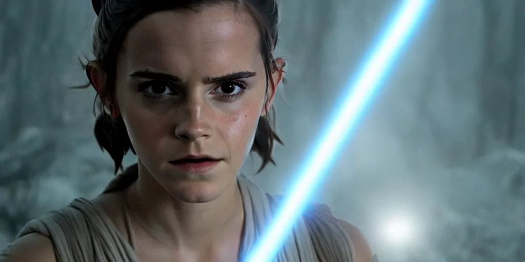 Image similar to emma watson as rey in the new star wars movie, cinematic, detailed, lens flare