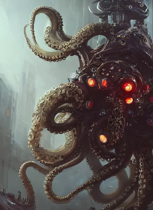Image similar to An octopus wearing medieval knights armor but at the same time looking cyberpunk, intricate, elegant, digital painting, concept art, smooth, sharp focus, illustration, from StarCraft by Ruan Jia and Mandy Jurgens and Artgerm and William-Adolphe Bouguerea