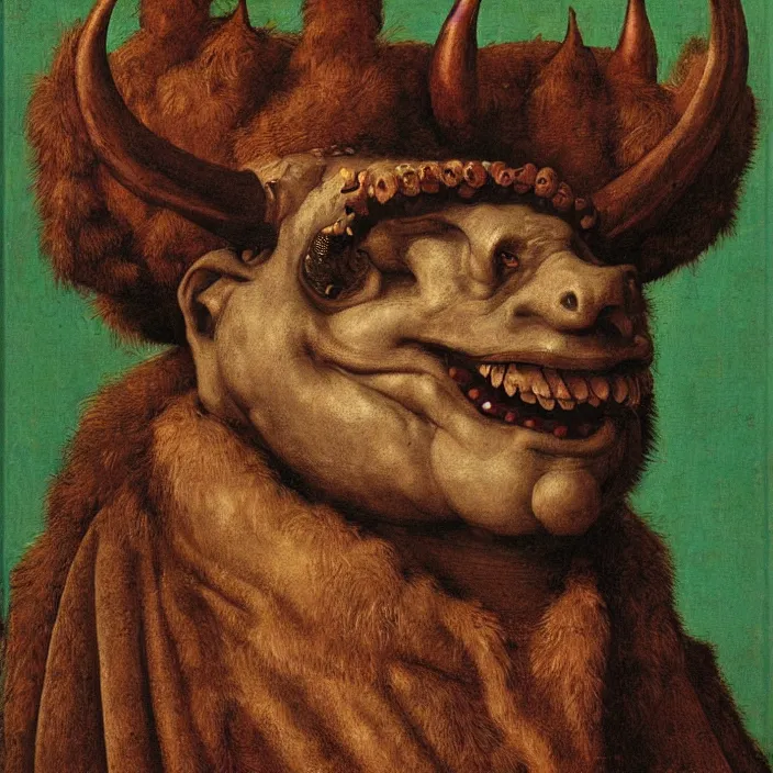 Image similar to close up portrait of an overdressed mutant monster creature with snout, horns, insect wings, unibrow, piercing eyes, toxic smile. jan van eyck