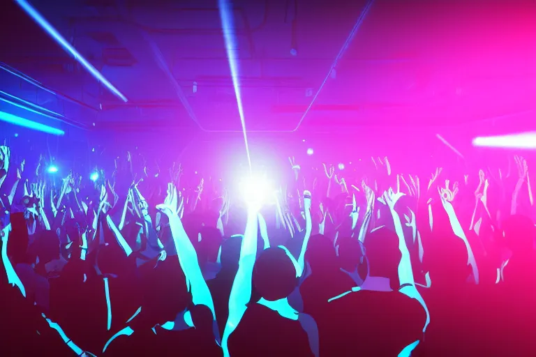 Prompt: crowd partying with their hands up at a club, volumetric lighting, haze, moving heads light beams, spot lights, discoball, dj on stage with raised hands, silhouette, digital art, trending on artstation, 4k, unreal engine, intricate, ornate