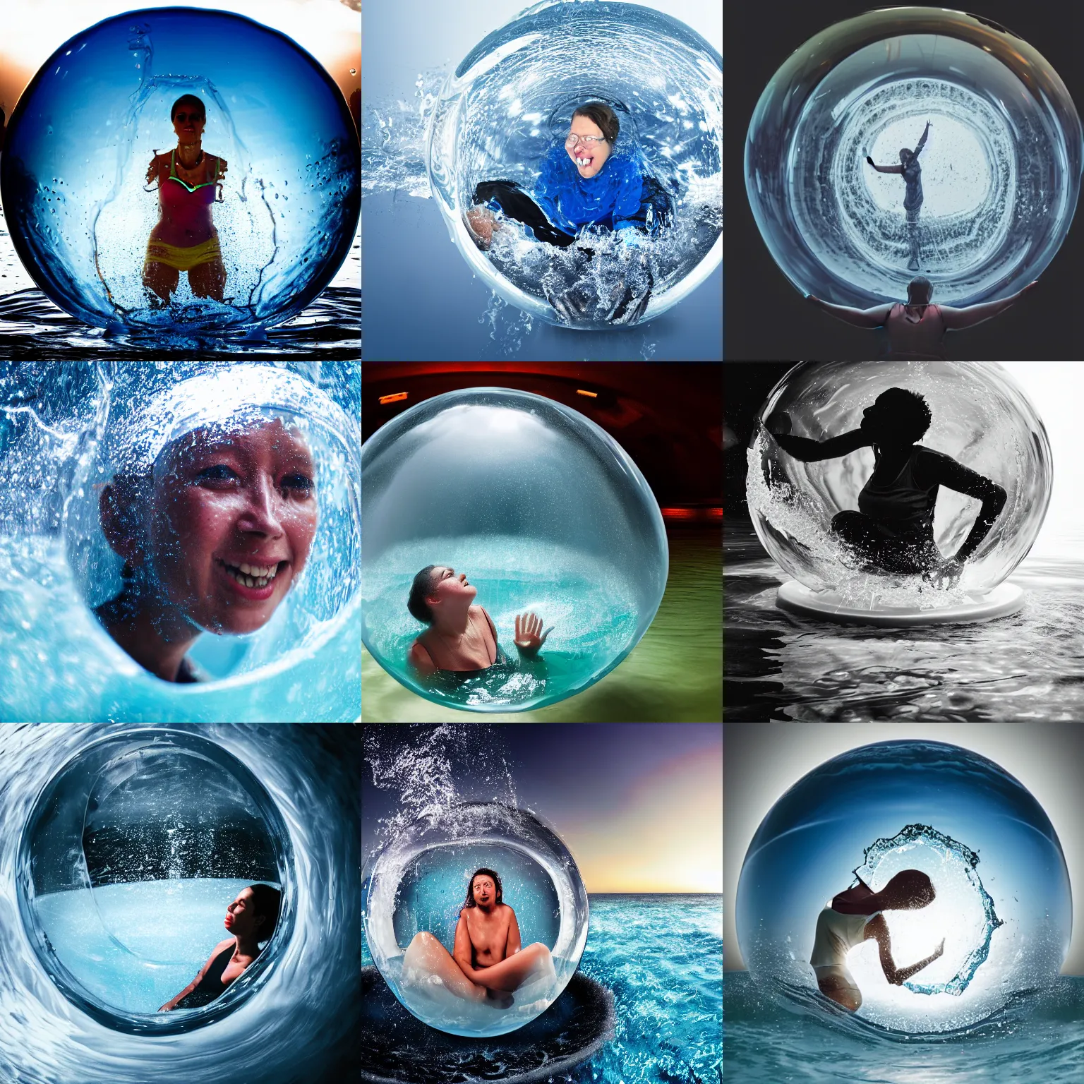 Prompt: photo of a person trapped inside a large ball of water