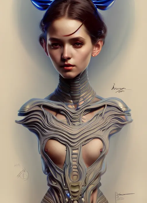 Image similar to a full body fashion photography of alien female girl, intricate, elegant, highly detailed, digital painting, artstation, concept art, smooth, sharp focus, illustration, art by artgerm and greg rutkowski and alphonse mucha, 8 k