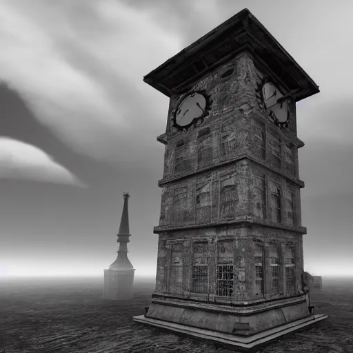 Image similar to An abandoned wacky clock tower based in the victorian period, the clouds are darky with gloomy lighting in unreal engine