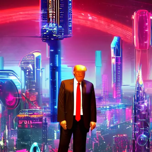 Prompt: donald trump in the futuristic city, sci - fi, cyber neon, donald trump cyberpunk - n 9