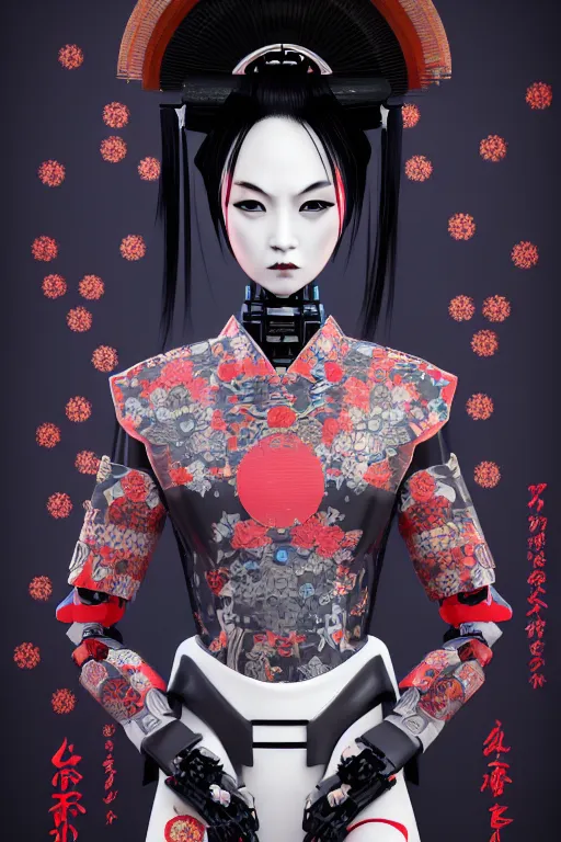 Image similar to full body portrait of a gothic japanese robot geisha with kanji tattoos and decals wearing a digital pixelated kimono, intricate design, photorealistic, octane render, raytraced, ultra fine detailed, character design, trending on artstation