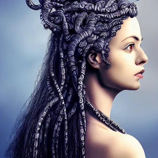 Image similar to medusa looking over shoulder, beautiful girl by Sam Yang