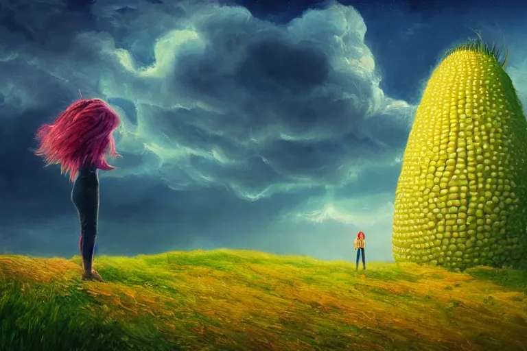 Image similar to giant corn flower as a head, girl standing on cliff, surreal photography, stars, dramatic light, impressionist painting, storm clouds, digital painting, artstation, simon stalenhag