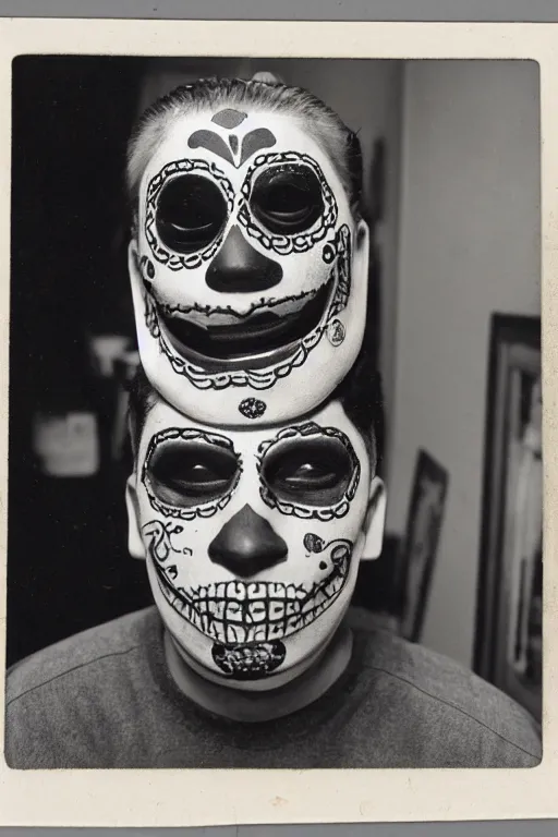 Prompt: vintage 35mm photo portrait of a man wearing a traditional day of the dead masks in the style of Gregory Crewdson