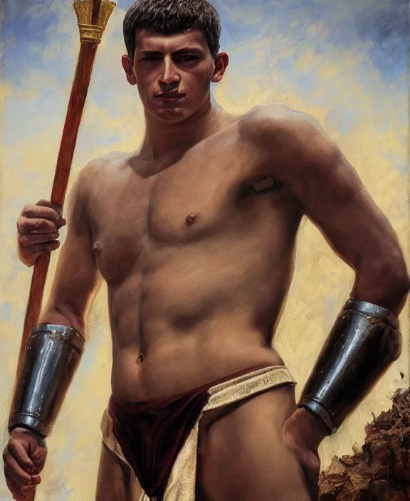 Image similar to portrait of a handsome young latin gladiator, art by denys tsiperko and bogdan rezunenko and franz xaver kosler, hyperrealism, fantasy art