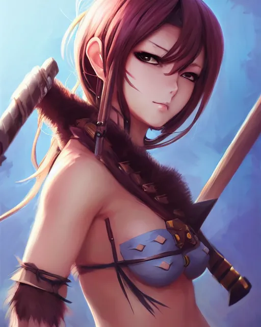 Image similar to character concept of an anime barbarian huntress | | cute - fine - face, pretty face, bikini armor, realistic shaded perfect face, fine details by stanley artgerm lau, wlop, rossdraws, james jean, andrei riabovitchev, marc simonetti, and sakimichan, trending on artstation