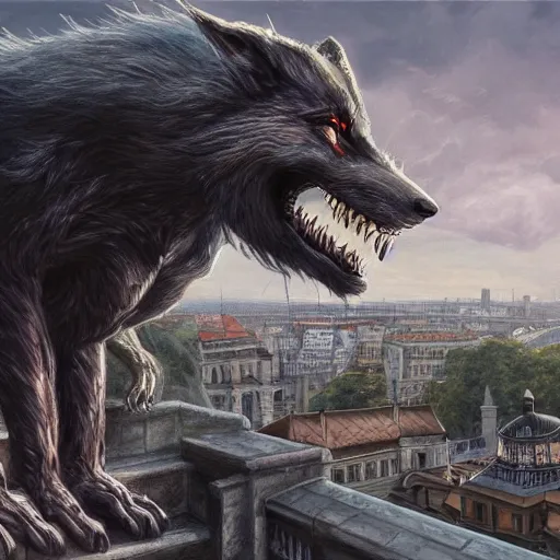 Image similar to werewolf highly sitting on the opera house at lviv, panorama, highly detailed, full body, digital painting, trending on artstation, concept art, sharp focus, illustration, art by artgerm and greg rutkowski and magali villeneuve