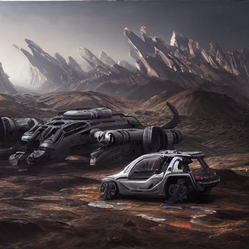 Prompt: highly detailed robotic vehicle in a scifi landscape by feng zhu, hyper - detailed, sharp, beautiful, desaturated, oil on canvas