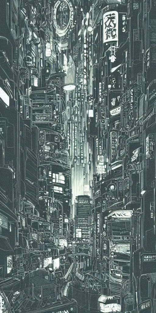 Image similar to beautiful and detailed anime drawing of an AKIRA-like cyberpunk city landscape with light trail from a motorcycle at the bottom and a bridge silhouette at the top, japan at night, 1980s, by Katsuhiro Otomo and mamoru oshii, wide angle, worm\'s eye view, grand, clean