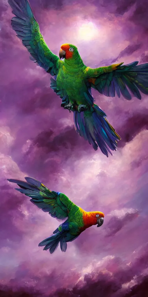 Image similar to a painting of a purple parrot flying through the sky, poster art by raymond swanland, deviantart, fantasy art, christian, deviantart, mystical