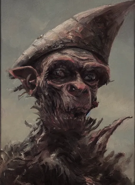 Image similar to portrait of a goblin pirate, gritty, fantasy character portrait, ocean background, artwork by Jeremy Lipkin and Giuseppe Dangelico Pino and Michael Garmash and Rob Rey, very coherent asymmetrical artwork, sharp edges, perfect face, simple form, 100mm