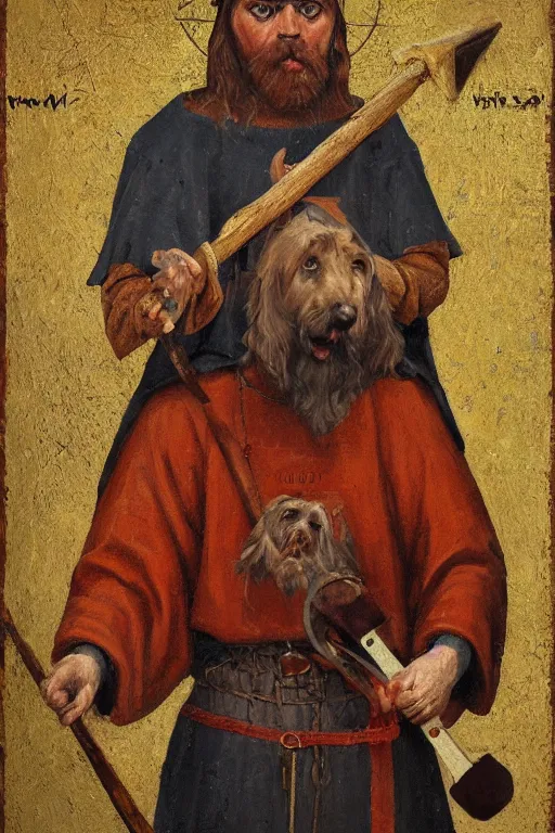 Prompt: Slavic dog head man, woolen torso in medieval clothes, Orthodox Saint Christopher, oil painting, holding axe, hyperrealism, beautiful, high resolution, trending on artstation,