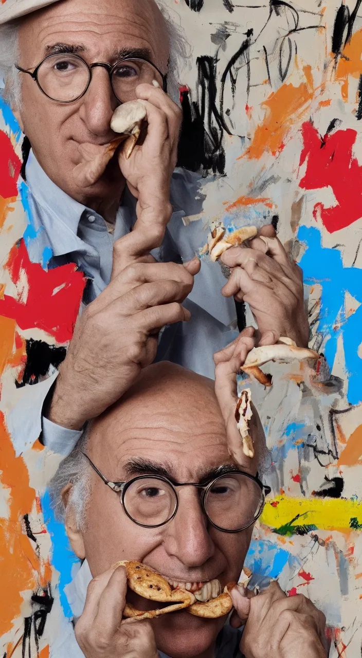 Prompt: larry david eating a bagel. style of a basquiat painting. hyper - realistic, 8 k, hd