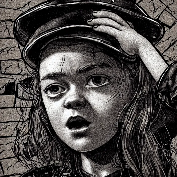 Image similar to extreme close - up on sadie sink as a miner : she lifts a slice of bread with her hand, looks at it. background : black tiles!! on walls. black and white, pencil and ink. by gabriel hardman, joe alves, chris bonura. cinematic atmosphere, detailed and intricate, perfect anatomy