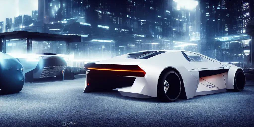 Image similar to a design of a futuristic DMC Delorian, designed by Polestar, blade runner background, back view, light copper car paint, black windows, sportscar, black show room, dramatic lighting, octane rendering, unreal engine rendering, hyper realistic render, depth of field, octane rendering