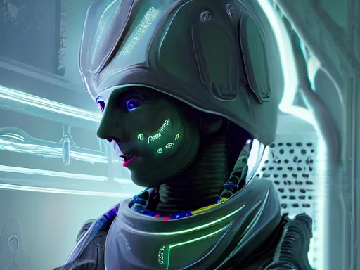 Image similar to a gray faceless figure, ascended, robot wizard, NPC with a saint\'s halo, saintly halo behind their head made of neon filigree, consulting the cyber oracle of all knowledge, at the end of time, in an esoteric ritual exchange of physical code, 8k, 4k, unreal 5, DAZ, trending on artstation, octane render, abstract painting, bright blue future