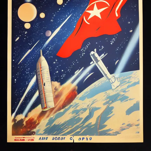 Image similar to [North Korean space mission, 1950 poster, very detailed, cinematic lighting, matte, sharp, photography]