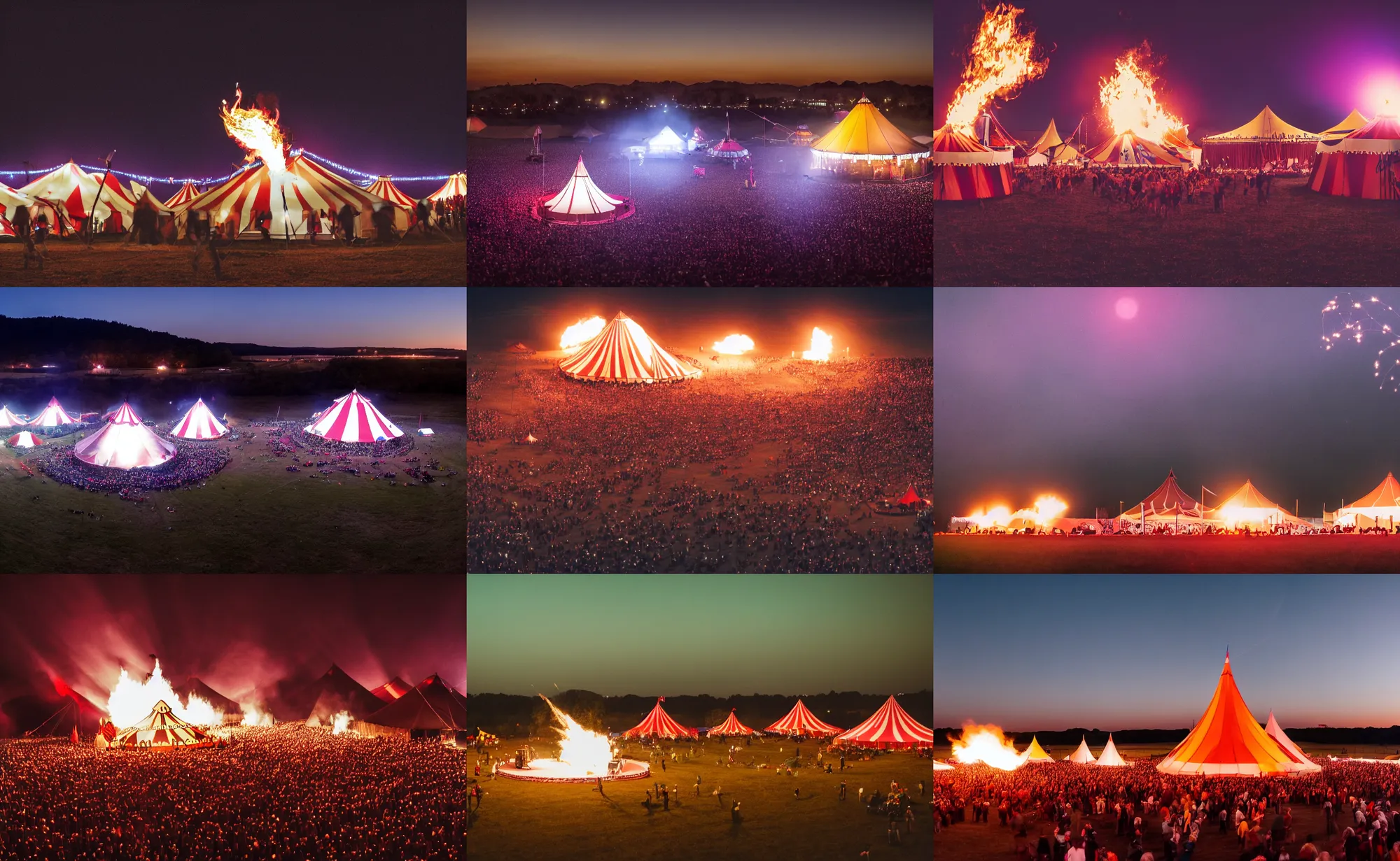 Prompt: cinematic wide shot of a circus in a field at night with numerous large tents and a large cauldron with a white flame, 4 k