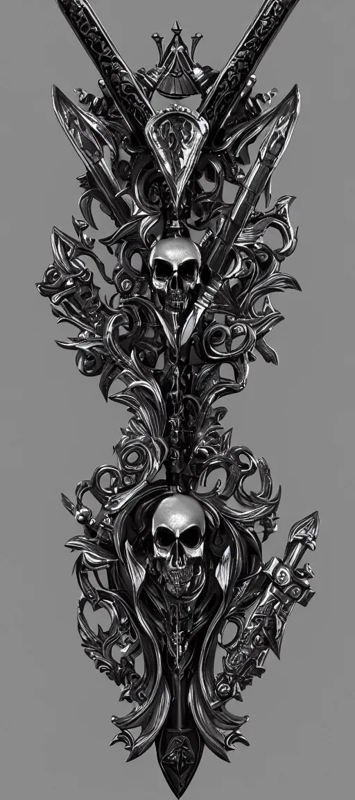 Image similar to a black and silver sword skull crest, orthographic, ornament, weapon, a 2 d render by dom qwek, front side, concept art, trending on polycount, artstation, hard surface modeling, rendered in maya, zbrush, hd, vray, blizzard, symmetry