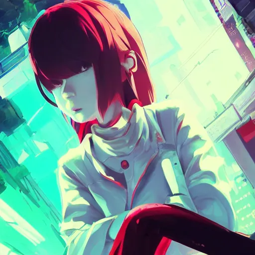 Image similar to Frequency indie album cover, luxury advertisement, white and red colors. highly detailed post-cyberpunk sci-fi close-up schoolgirl in asian city in style of cytus and deemo, mysterious vibes, by Ilya Kuvshinov, by Greg Tocchini, nier:automata, set in half-life 2, beautiful with eerie vibes, very inspirational, very stylish, with gradients, surrealistic, postapocalyptic vibes, depth of filed, mist, rich cinematic atmosphere, perfect digital art, mystical journey in strange world, beautiful dramatic dark moody tones and studio lighting, shadows, bastion game, arthouse