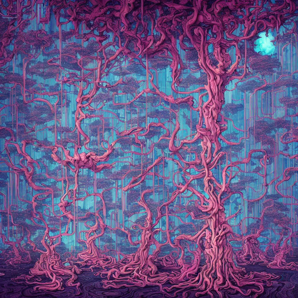 Image similar to acid trees in oil, cyberpunk, by james jean, photoillustration, mystical baroque, pastel synthwave