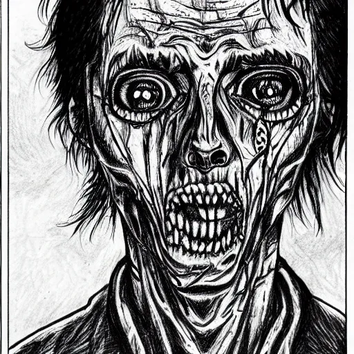 Image similar to highly detailed drawing of a zombie from the walking dead, junji ito manga art style