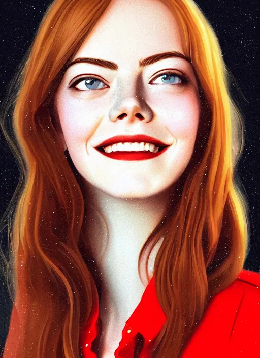 Image similar to portrait of teenage emma stone, long haircut, flowing ginger hair, white shirt, red tie, smiling kindly, soviet house at background, 1 9 8 0 s, intricate, elegant, glowing lights, highly detailed, digital painting, artstation, concept art, smooth, sharp focus, illustration, art by wlop, mars ravelo and greg rutkowski