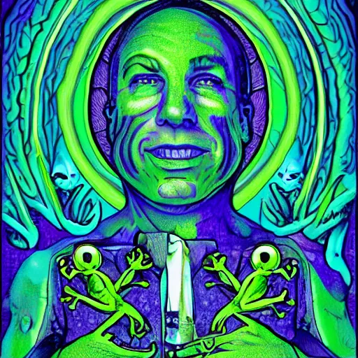 Image similar to Alex Jones turning thousands of frogs gay. Super resolution. Award winning illustration art in the style of Alex Grey