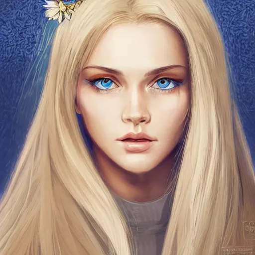 Image similar to portrait, 30 years old women :: fantasy :: blue eyes, long straight blonde hair, flower in hair :: attractive, symmetric face :: brown medieval cloting, natural materials :: high detail, digital art, RPG, concept art, illustration