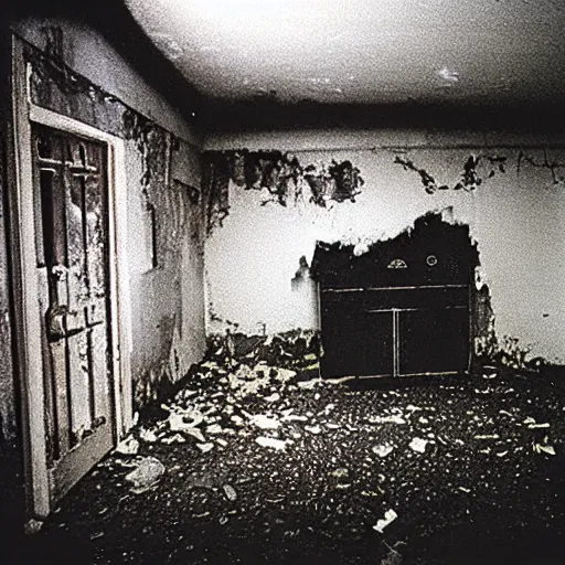 Image similar to taken using a film camera with 35mm expired film, abandoned house at night, slightly foggy, creepy,