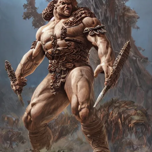 Image similar to muscular ogre - like fierce warrior with tree - bark skin wearing intricate stone and wood armor, towering above a group of soldiers, battlefield, highly detailed, digital painting, artstation, concept art, smooth, sharp focus, illustration, art by artgerm and greg rutkowski and alphonse mucha