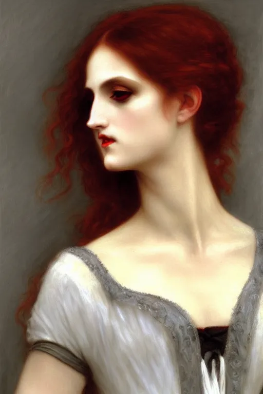 Image similar to victorian vampire white hair painting by rossetti bouguereau, detailed art, artstation