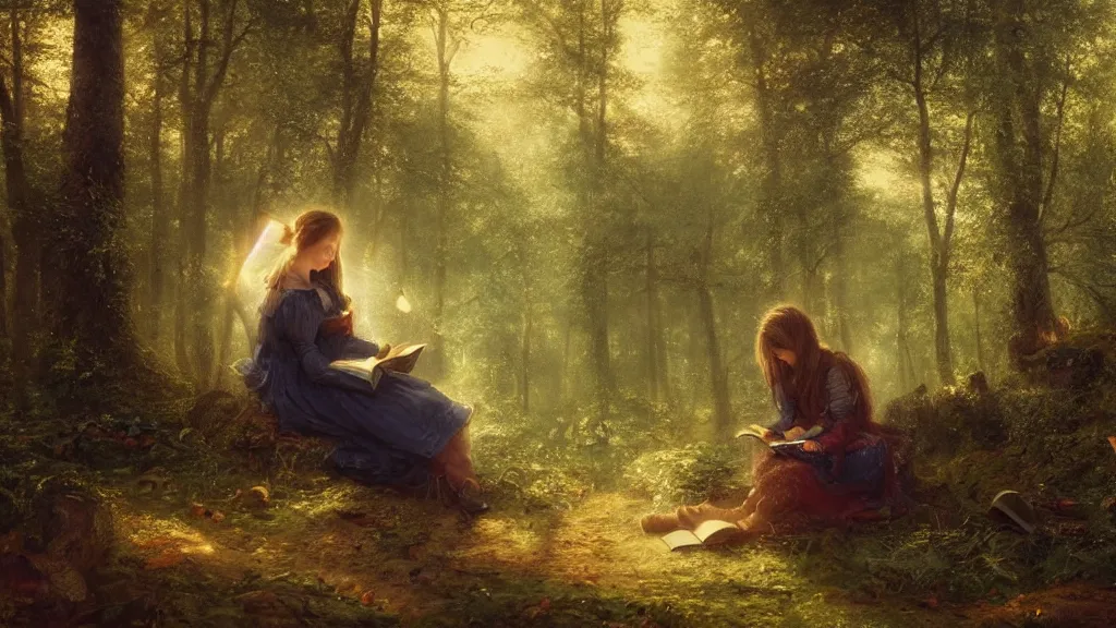 Prompt: girl reading on stump in the magical forest. andreas achenbach, artgerm, mikko lagerstedt, zack snyder, tokujin yoshioka, impressionist