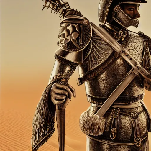 Image similar to illustration of a hussar in the desert, dust, natural lighting, suit of armor, details and intricate, photo realistic, winner of the year's best photo, symmetrical, high definition, artgasm, trending artstation