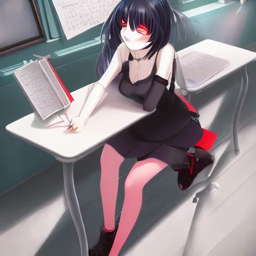 Prompt: advanced digital anime art, a beautiful seductive female teen with red eyes and black hair that is to waist length wearing a dark grey school outfit sitting on a desk in a classroom at golden hour reading a novel . drawn by Shikamimi, WLOP,rossdraws