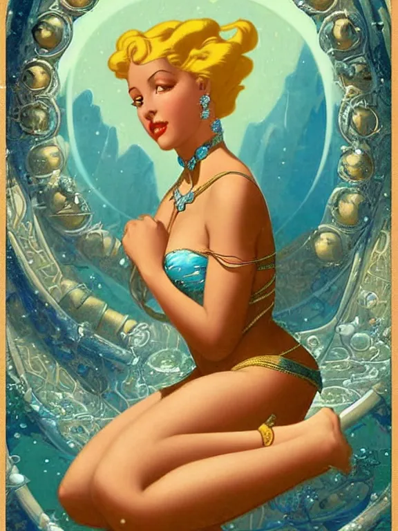 Image similar to princess kida the high queen of ancient atlantis, a beautiful art nouveau portrait by gil elvgren, beautiful underwater city environment, centered composition, defined features, golden ratio, silver jewelry, stars in her gazing eyes