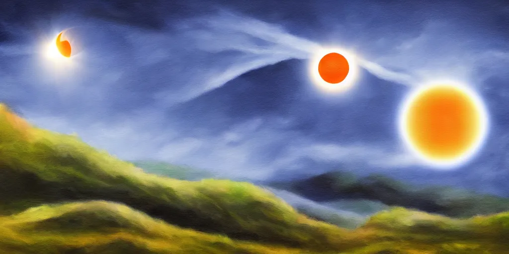 Prompt: impressionist painting of solar eclipse, dramatic light, digital painting