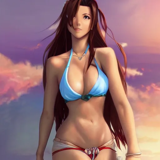 Image similar to beautiful aerith and tifa and jessie from final fantasy in a bikini on the beach making eye contact drawn by artgerm