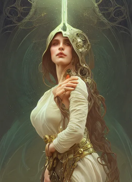 Image similar to person made of lightnings, depth of field, fantasy, medieval wear, intricate, elegant, highly detailed, digital painting, artstation, concept art, smooth, sharp focus, illustration, art by artgerm and greg rutkowski, reimagined by alphonse mucha