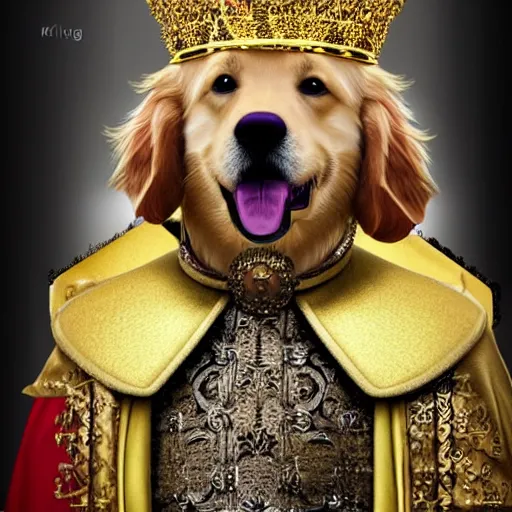 Image similar to Photomanipulation of golden retriver king , is dressed as a king, ultrarealism, photorealism, detailed, crown and gown