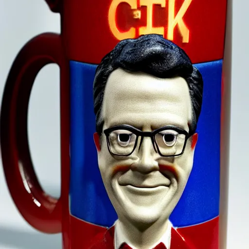 Image similar to stephen colbert face in irish beer mug, 8 k, ultra realistic details