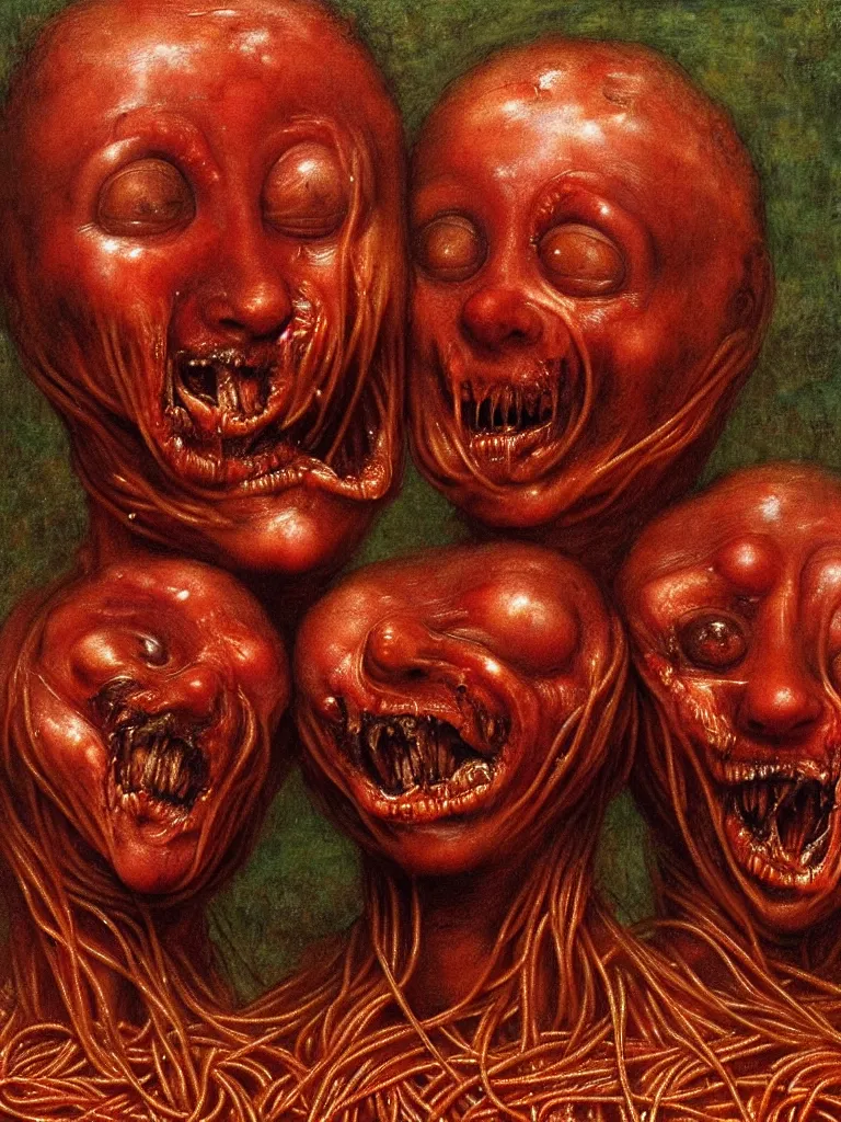 Prompt: siamese twins made of spaghetti and tomato sauce, looking straight into camera, screaming in agony, by giuseppe arcimboldo and ambrosius benson and beksinski, renaissance, intricate and intense oil paint, a touch of hr giger and edward munch, realistic