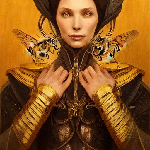 Prompt: portrait, female bene gesserit, bee keeper, d & d, fantasy, intricate, elegant, highly detailed, digital painting, artstation, concept art, matte, sharp focus, illustration, art by artgerm and greg rutkowski and alphonse mucha